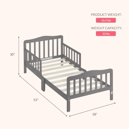 Image of Dream On Me Classic Design Toddler Bed, GREENGUARD Gold, Steel Grey | Slatterd Curved Design, Low to Floor Bed, 2 Safety Guard Rails, Sturdy Wooden Frame, 50 Lb Limit, BSA Verified