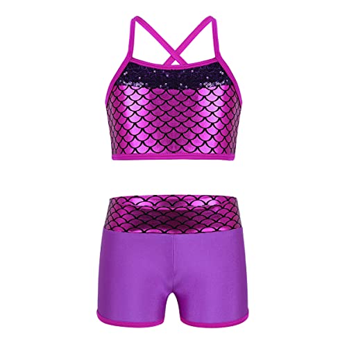 Kids Girls 2 Piece Swimming Outfit Sparkly Crisscross Tank Sport Bra Top and Swim Trunks Shiny Shorts Set Wetsuit