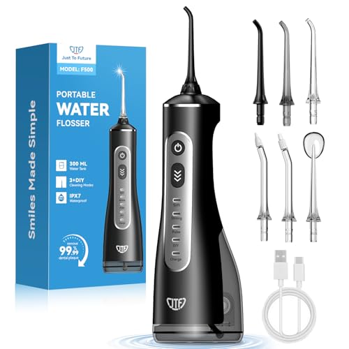 JTF Jet Dentaire Hydropulseur Oral - 300 ML Sans Fil Irrigateur, 3+1 Modes, Étanche IPX7 Water Flosser, Idéal pour Orthodontie, Appareil Dentaire, Gencives Sensibles Maison et Les Voyages(Noir)