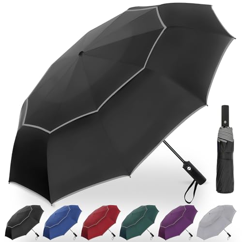 Satol Golf Umbrella Windproof Large 62 Inch, Reflective Umbrella10 Ribs Vented Double Canopy Automatic Open Oversize Compact Folding Umbrella for Travel, Waterproof UV Protection-Black