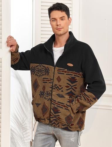 Image of ZAFUL Aztec Print Fleece Jacket - Unisex Full Zip Hoodie with Stand Collar, Pockets & Fluffy Texture
