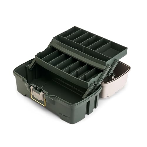 Image of Plano Two-Tray Tackle Box, Green /Tan, Rust-Proof Brass Latch, Top-Access Tray with Deep Storage, Made in the USA, Portable Fishing Gear Storage Organizer