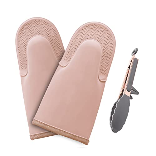Pazash Oven Mitts Set, Heat Resistant 600F Silicone Oven Mitts, Soft Lining Good Grip Oven Mitt Set, Waterproof Mitt Potholders, Oven Gloves And Food Tong Sets,For Grilling, Baking, Cooking #TOP2
