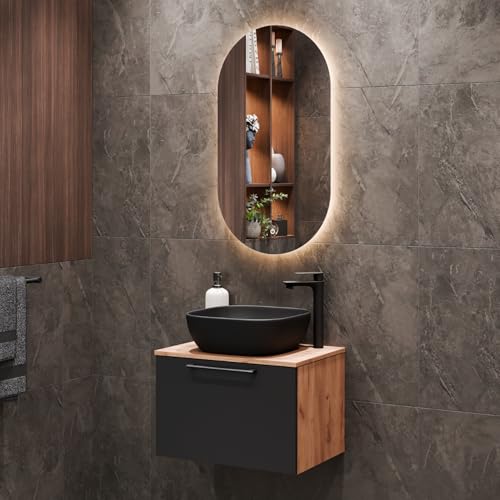 Planetmöbel Astra Ensemble Meuble Salle de Bain avec Meuble sous lavabo 60 cm, chêne doré Anthracite, Vasque à Poser 42 cm Noire