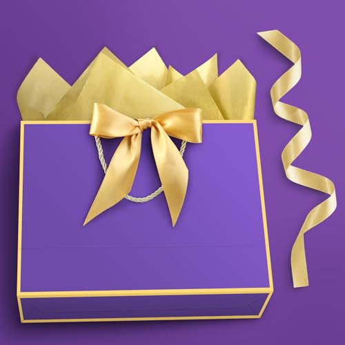 Image of JMANNI Gift Bags with Handles, 13 inch Medium Gift Bag for Presents, 1 Pcs Bags with 2 Tissue Paper and 1 Cards for Baby Shower Wedding Bridal Shower Mother's Day Birthday Party (Purple-gold