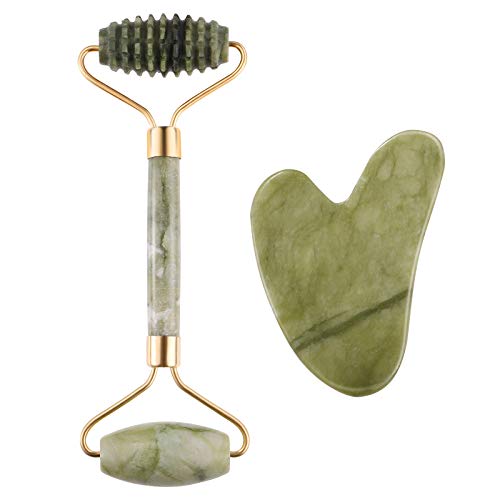 Lurrose Conjunto de Herramientas de Masaje Rodillo de Jade Anti-envejecimiento para Ojo Masajeador para Cara Cuerpo Cabeza Cuello Naturaleza 2 Piezas