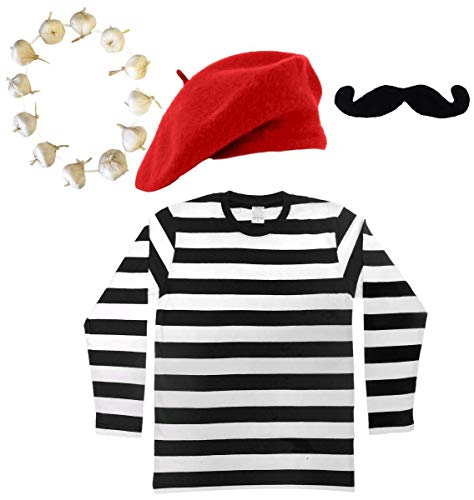 FRENCH MAN FANCY DRESS COSTUME BLACK & WHITE STRIPED TOP + RED BERET + BLACK MOUSTACHE + ONION/GARLIC GARLAND FRENCHMAN OUTFIT SET (LARGE)