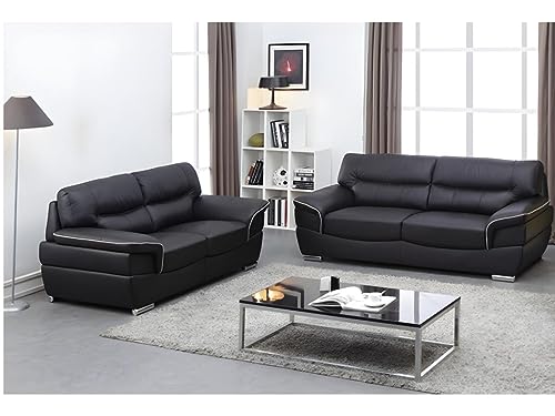 Vente-unique-Couchgarnitur Leder 3+2 - Schwarz - Thibault