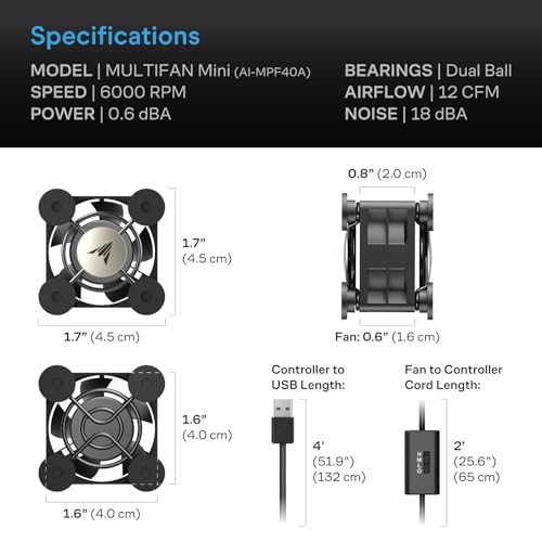Image of AC Infinity MULTIFAN Mini, Compact 40mm x 20mm USB Fan | UL-Certified, for VR Gear, Aquarium, Roku, Router, Raspberry Pi, Cosplay, Helmet Cooling Ventilation