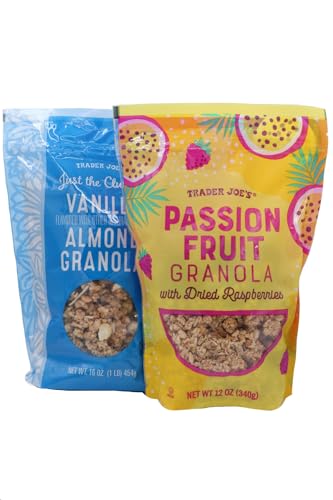 Trader Joe's Granola Bundle - Vanilla Almond Granola 16 oz & Passion Fruit with Raspberries 12 oz, 2-Pack