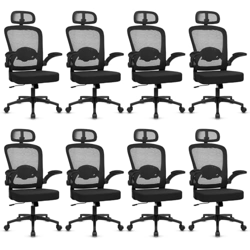 Image of KLASIKA Desk Chairs with Wheels, Ergonomic Mesh Back Home Office Chair with Headrest, Adjustable Lumbar Support Swivel Rolling Computer Chairs with Flip Up Arms for Conference Meeting Room, Black, 8PK