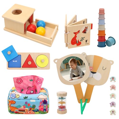 Image of Montessori Toys for Babies 6-12 Months, 7 in 1 Wooden Educational Development Toys Sensory Learning Gift for Toddlers with Object Permanence Box, Emotion Learning Mirror, Tissue Box,Rainmaker and More