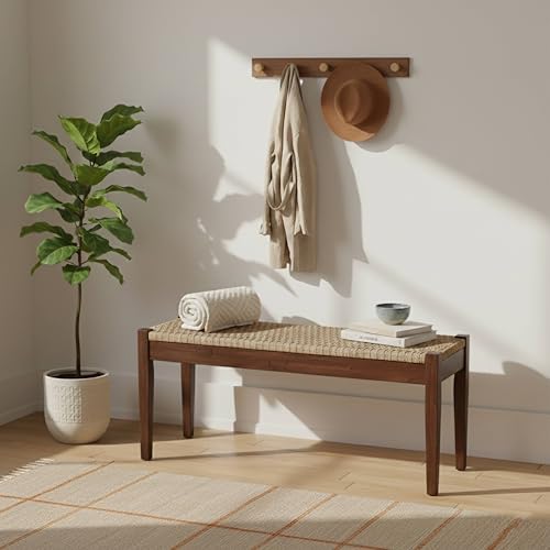 Vintage Entryway Bench with Woven Rope Seat, 45inch Acacia Wood, Dark Brown