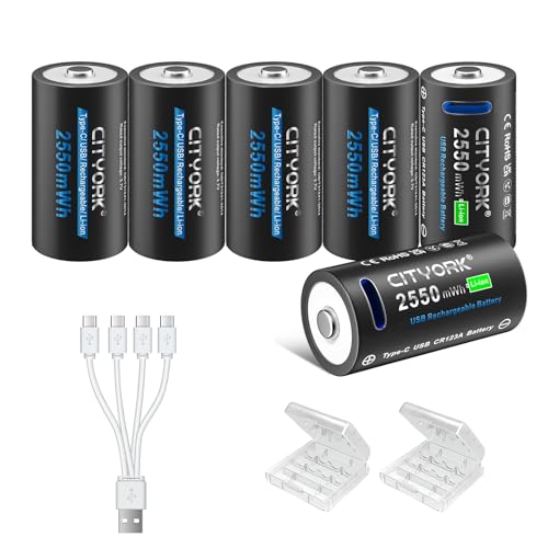 CITYORK CR123A Lithium Battery 6 Pack with USB-C Cable