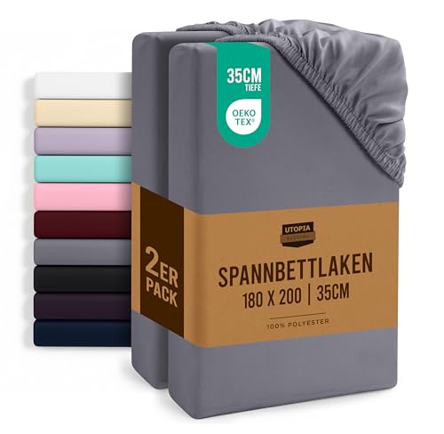 Utopia Bedding - 2er Set Spannbettlaken 180x200cm - Grau - Oeko-Tex Zertifiziertes - Gebürstete Mikrofaser Spannbetttuch - 35 cm Tiefe Tasche