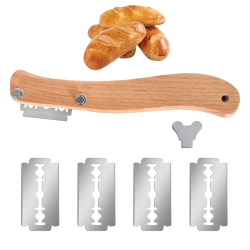 FooYee Manico in Legno Rasoio Pane, Taglierino per Pane, con 5 Lame in Acciaio Inossidabile, Bread Lame, Coltello da Panettiere, Lama per Incidere Panes, per Cuocere, Intagliare Modelli di Pane Crudo