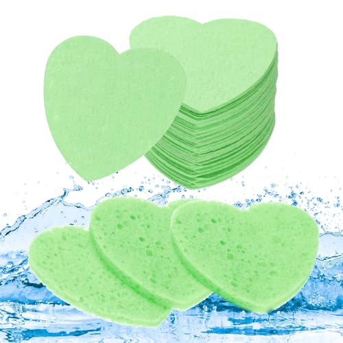 QUARKZMAN 60 Unidad Esponjas Faciales Comprimidas en Forma de Corazón Esponjas de Limpieza Facial Almohadillas para Rutinas de Cuidado de la Piel Diarias en casa, Cocina, Viajes, Verde
