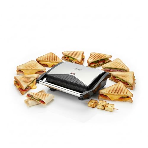 Image of ITALIA Premium 1000W Electric Grill Sandwich Maker | Non-Stick, Oil Drip Tray & Cool Touch Handle | 2-Slice Panini Press | 1-Year Warranty | Black & Stainless Steel