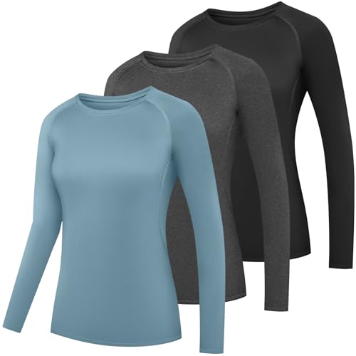 HovSiyla 3 Pack Women's Athletic Compression Long Sleeve Workout Tops Quick Dry Gym Running Yoga Shirts Black Gray Blue S