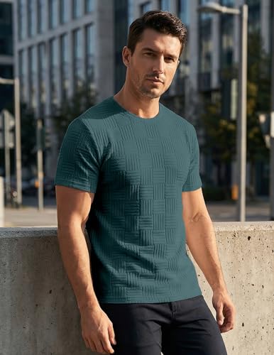 Image of JMIERR Mens T-Shirt Casual Stretch Solid Crewneck Short Sleeve Tees Textured Shirts