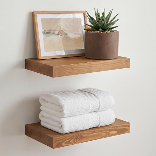 Homeforia 12 inch Golden Oak Floating Shelf, High End Solid Real Wood 12inch Small Floating Shelves for Wall Mounted, Oak Wooden 12in Floating Shelves, Heavy Duty Bracket, 12 X 6.5 X 1.75 in, Set of 2