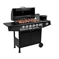 Amig - Barbecue a gas Fireplus 6+1 da 12,9 kW | Acciaio inossidabile Nero | Griglia ruote Modello GRILL-6F | Barbecue XXL con carrello e termometro | 138x52x103 cm | 7 bruciatori e Vassoio laterale