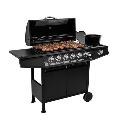 Amig - Barbacoa de gas Fireplus 6+1 de 12,9 kW - Acero inoxidable Negro - Parrilla con ruedas Modelo GRILL-6F - Barbacoa XXL con carro y termómetro - 138x52x103 cm - 7 quemadores y Bandeja lateral