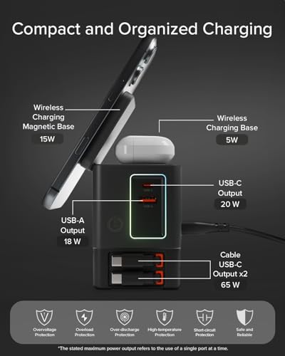 SBS Power Dock 6in1 100W USB-C, Kabelloses Laden 15W, MagSafe-kompatibel, Power Delivery (PD 3.0 PPS), Ladestation mit 2X Einziehbarem Kabel, Netzteil für Notebook, iPhone, AirPods, Schwarz