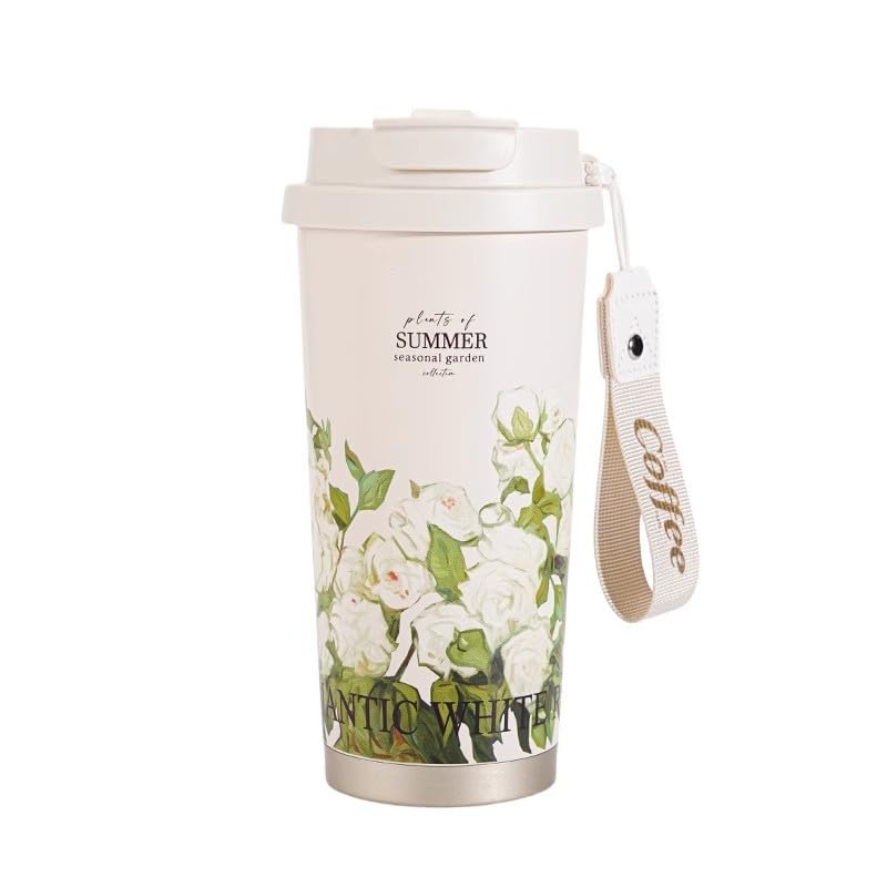 Image of Spiaty Summer Garden Floral Travel Mug with Strap, White Roses Design,500 ml Insulated Coffee Cup with Lid Leak-Proof Thermos Mug for Coffee, Tea, Hot or Cold Beverages