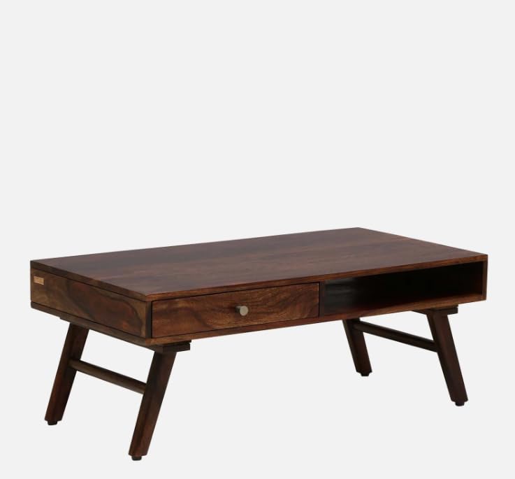 Image of Sheesham Wood Rectangular Center Coffee Table for Living Room | Centre Table with Drawer & Shelf Storage for Drawing Room, Office & Home | Teak Finish