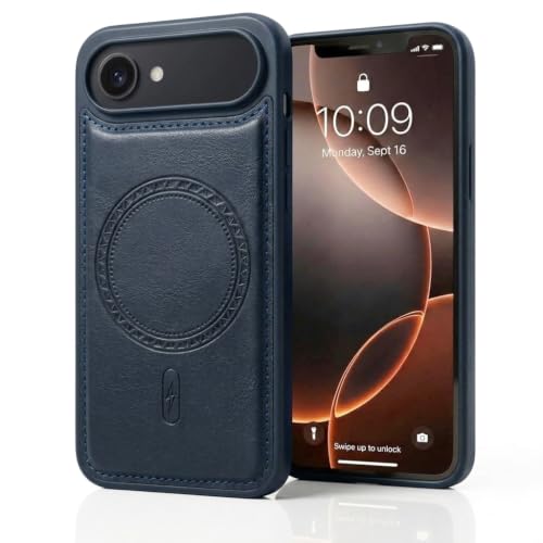 Image of amazon basics Premium PU Leather Case for iPhone 17 Air, MagSafe Compatible Magnetic Ring, Sleek Protective Back Cover - [Blue]