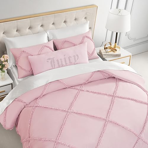 Image of Juicy Couture Diamond King Comforter Set - Ruffle 3-Piece Machine Washable Reversible Bedding Comforter Set, Light Pink