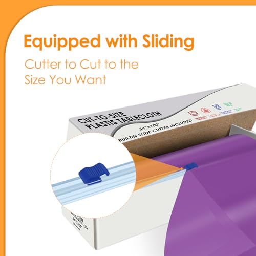 Image of tujol Purple Disposable Plastic Table Cloth Roll 54 inch X 100', Plastic Table Cover with Cutter Box, Cut to Size Disposable Tablecloth for Parties