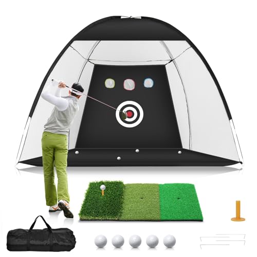 WUDLEP Golf-Netz, 3 x 2,1 m, Golf-Übungsnetz mit Tri-Turf-Golfmatte, All-in-1 Heimgolf-Schlaghilfe-Netze für Hinterhof, Fahren, Chippen, Schaukeltraining mit Zielscheibe/Matte/Bälle/Tee/Tasche