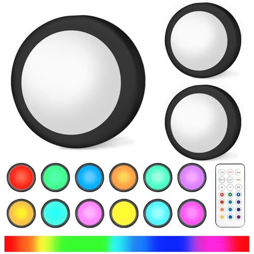 AUAUY 3 Stück Schwarz RGB Schrankleuchten Unterbauleuchte Batteriebetriebene Schrankleuchten Beleuchtung Dimmbar LED Nachtlicht Schranklicht mit Fernbedienung für Küche Garderobe[Energieklasse E]