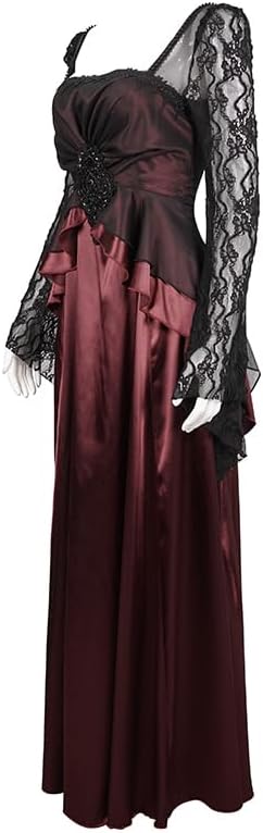 レディース レトロ ゴシック ヴァンパイア エレガント ロングドレス ハロウィン用 スクエアネック フロントレースアップリケ フレア