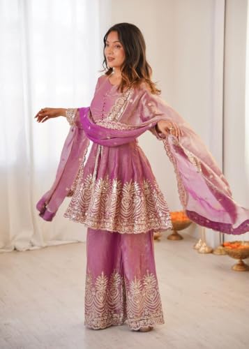 Image of Women's Embroidered Peplum Kurta Palazzo Dupatta Set | Ethnic 3 Piece Suit Set