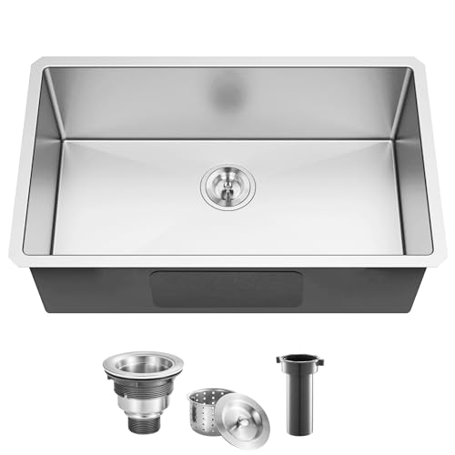 Image of 30 Inch Undermount Kitchen Sink, 30x18 Single Bowl Stainless Steel 16 Gauge Brushed Finish 9 Inch Deep Rectangular Handmade Basin Commercial Kitchen Sinks with Strainer