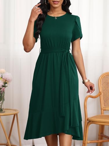 Image of PerZeal Women's Summer Dress Casual Ruffle Sleeve Crewneck A-Line Tiered Flowy Short Sleeve Long Dress with Belt