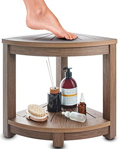 ROHKEX No-Maintenance Corner Shower Stool for Shaving Legs - Heavy-Duty Waterproof Bathroom Bench with Rubber Feet, Storage Shelf - Sustainable & Versatile for Indoor & Outdoor Use