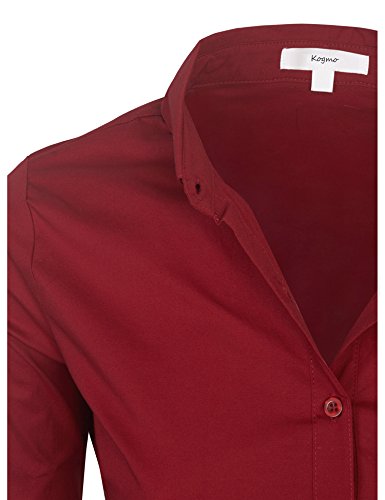 KOGMO Womens Classic Solid 3/4 Sleeve Button Down Blouse Dress Shirt (S-3X)-L-Burgundy