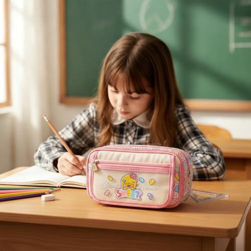 Image of Comix Large Capacity Pencil Case Pouch, 5 Compartments Pencil Pouch, Pink