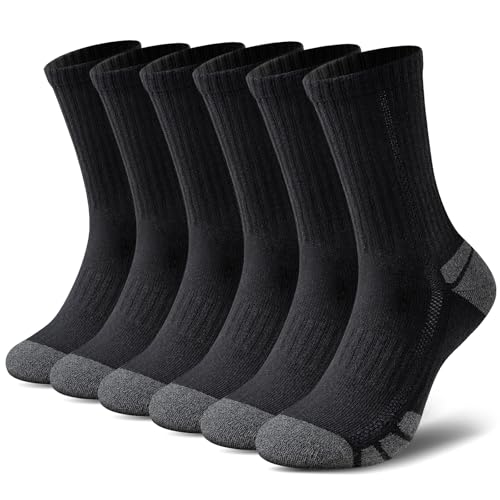 Cirorld Cotton Crew Socks Cushion Athletic Socks Breathable Moisture Control Running Socks Performance Sports for Men Women 6 Pairs 10-13 Black