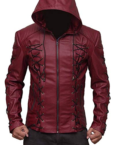 Arrow Arsenal red Hooded Colton Haynes Costume Faux Leather Jacket (m)
