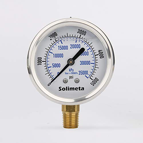 Solimeta 2-1/2" Dial Size, Oil Filled Hydraulic Pressure Gauge, 0-5000Psi/Kpa, 304 Stainless Steel Case, 1/4"Npt Lower Mount #TOP4