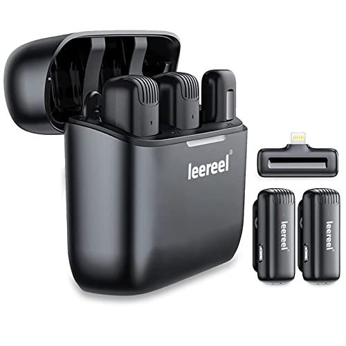 Leereel 2 Pack Wireless Lavalier Microphone for iPhone 2.4GHz Plug-Play Lapel Mic with Charging Case for Video Recording, Tiktok, Live Stream, Vlog - Noise Reduction, No APP & Bluetooth Needed