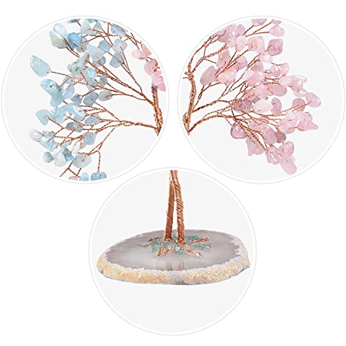 KYEYGWO Rose Quartz+Aquamarine Crystal Stone Money Tree with Agate Slice Base Handmade Feng Shui Bonsai Tree Decoration Love Stone Tree Ornament for Fortune and Wealth - Image 2
