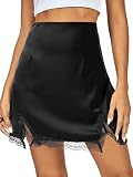 Vrtige Women's Satin Lace Trim High Waist Split Slit Mini Short Skirt Solid Black Small