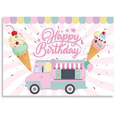 Seasonwood 7x5ft Ice Cream Truck Shop Backdrop Summer Baby Girls Party Pink Car Photography Background Baby Kids Birthday Cake Table Decorations Banner Photo Studio Booth Props Cover