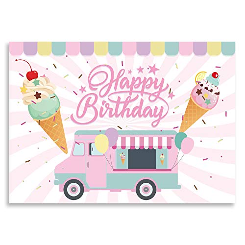 Seasonwood 7X5Ft Ice Cream Truck Shop Backdrop Summer Baby Girls Party Pink Car Photography Background Baby Kids Birthday Cake Table Decorations Banner Photo Studio Booth Props #TOP11